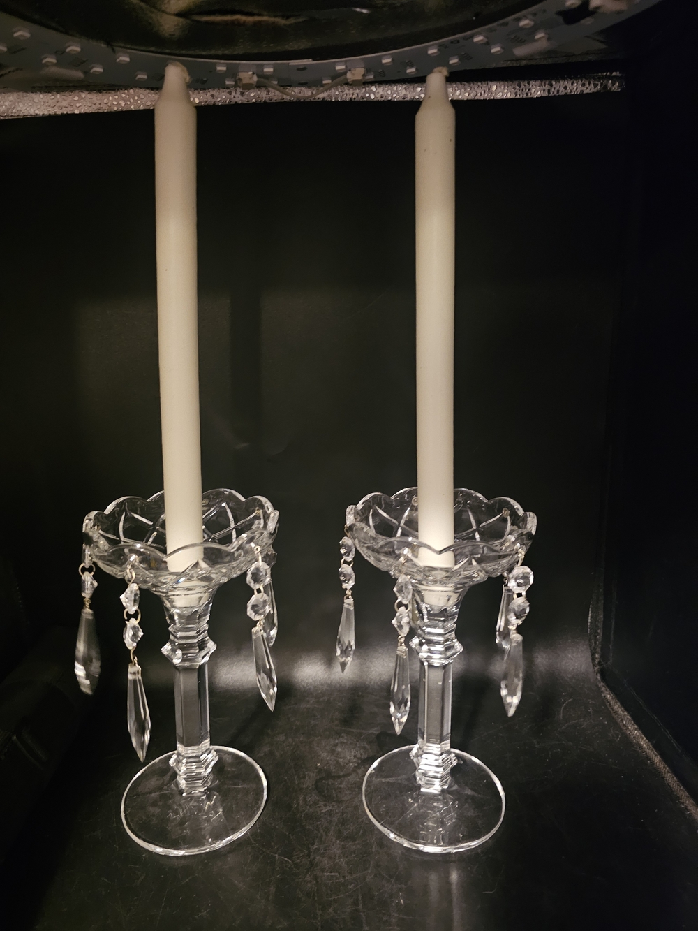 Unique Vintage Clear Crystal Candle Holders with Hanging Prisms